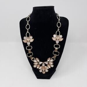 Floral Pink Gemstones and Gold Tone Chunky Statement Necklace Costume Fashion